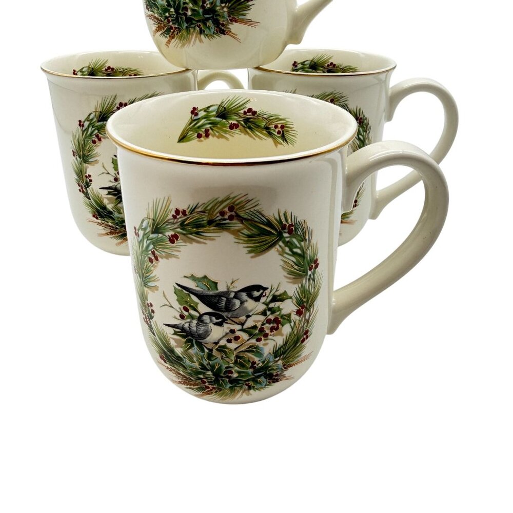 Gibson Greeting Otagiri Christmas Chickadee Wreath coffee mug set tea 4 in box V - Picture 2 of 14